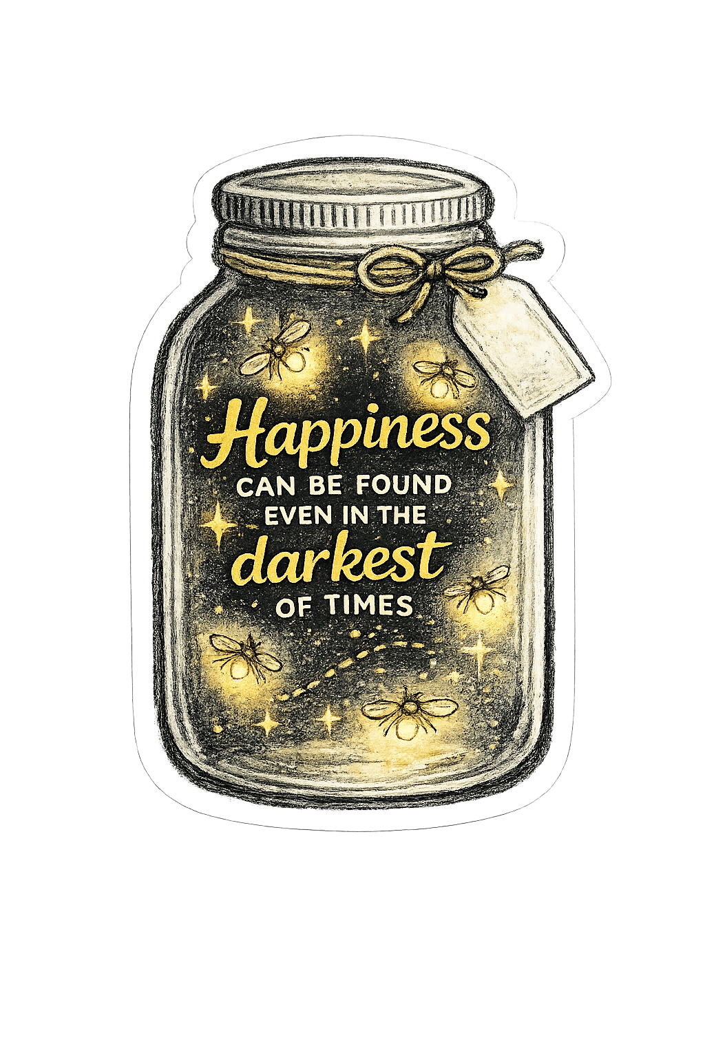 Jar filled with glowing fireflies and the quote 'Happiness can be found even in the darkest of times.'