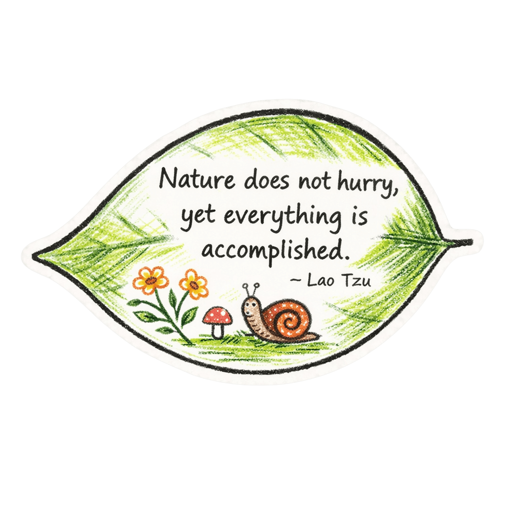 A sticker shaped like a leaf featuring a snail and flowers, with the quote 'Nature does not hurry, yet everything is accomplished.' - Lao Tzu.