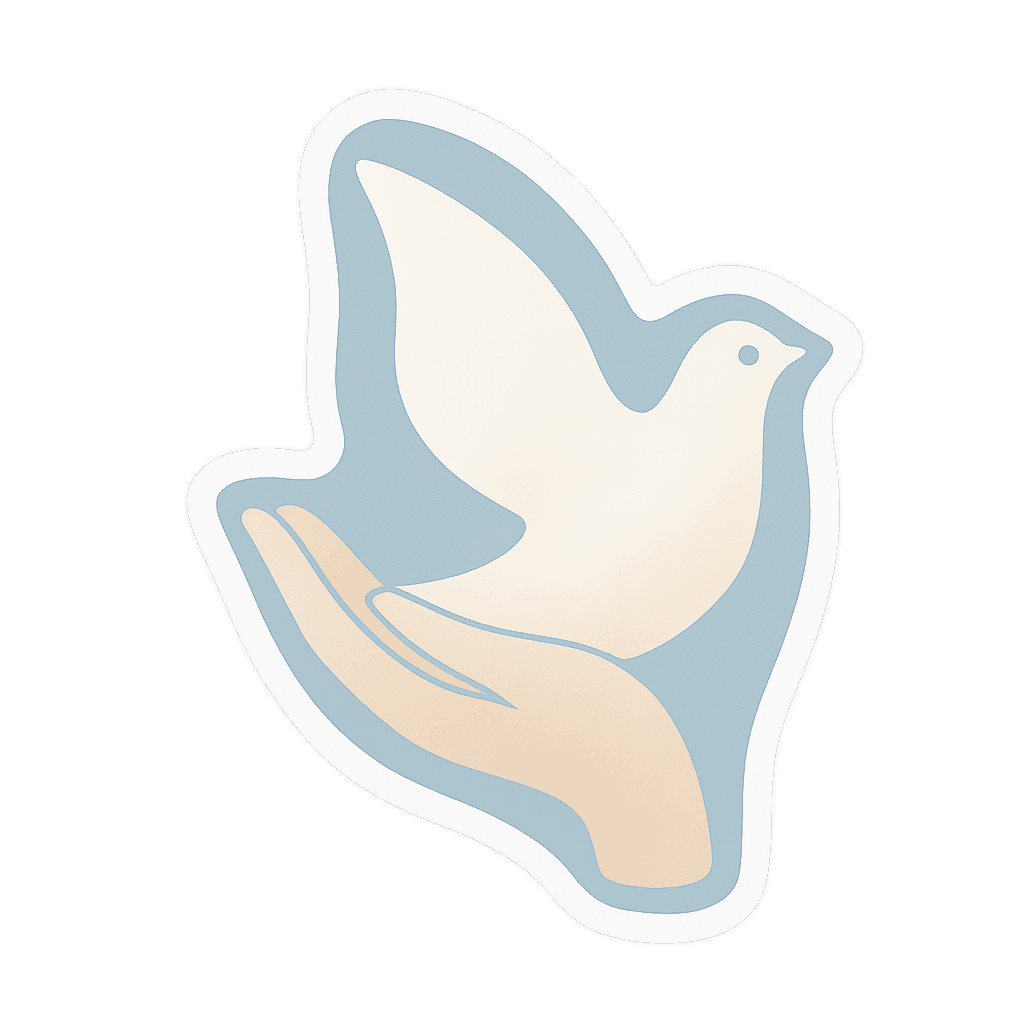 Minimalist graphic art of a white dove in an open hand, symbolizing peace and hope.