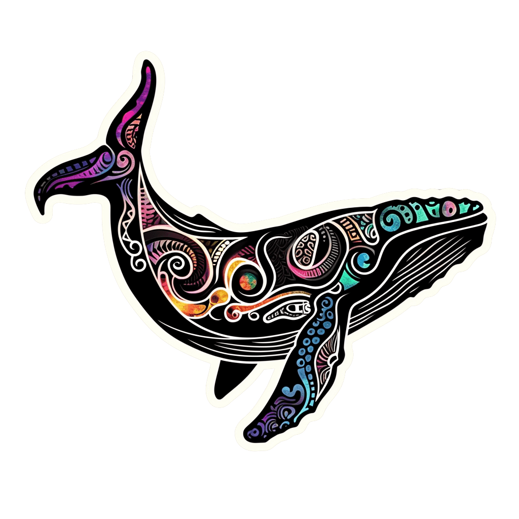 A die-cut vinyl sticker of a whale silhouette filled with colorful, intricate mandala and tribal patterns in purple, blue, and orange on a black background.