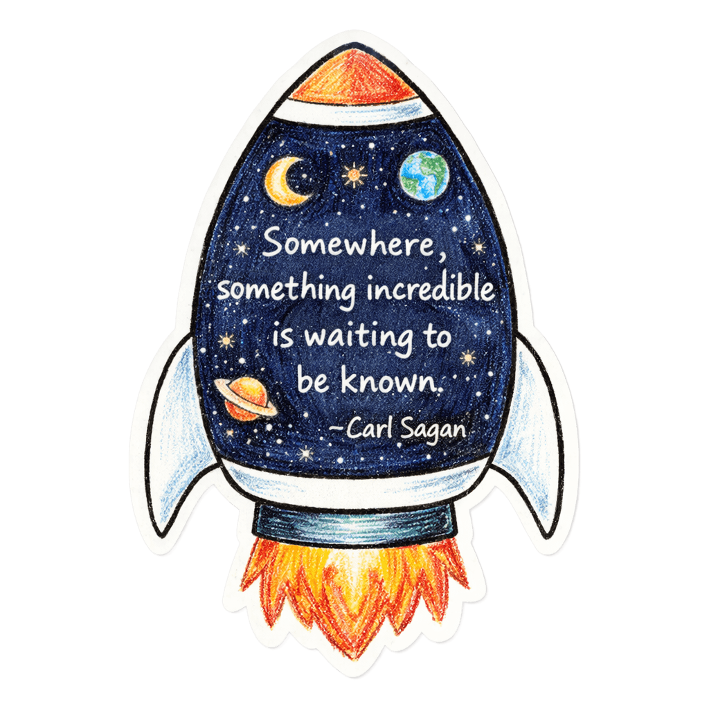 A hand-drawn rocket ship sticker containing a dark blue space scene with planets and a quote by Carl Sagan about discovery.