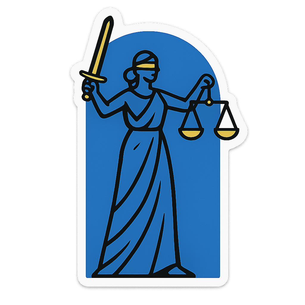 Emblem of the Lady of Justice with sword and scales.