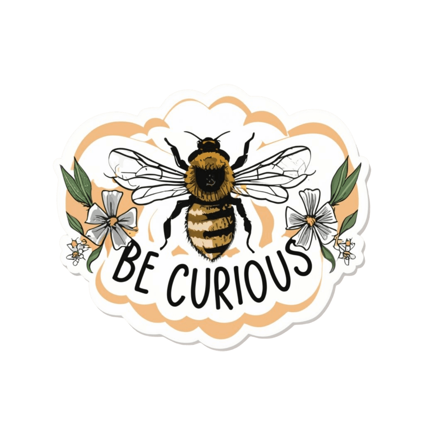 Illustration of a bee surrounded by flowers with the text 'BE CURIOUS'