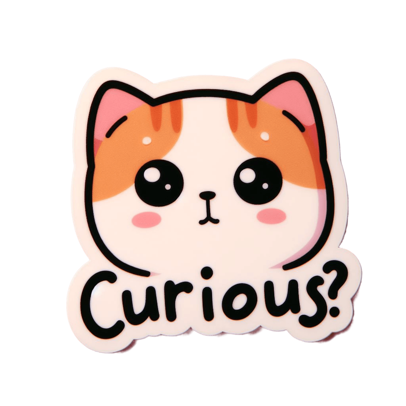 A cartoon cat sticker with large eyes and the text 'Curious?' below it.
