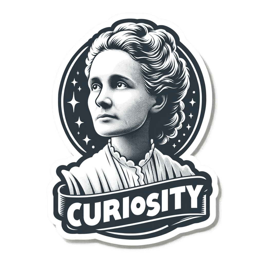Black and white vinyl sticker of a woman's portrait with the word 'Curiosity' and a starry background.