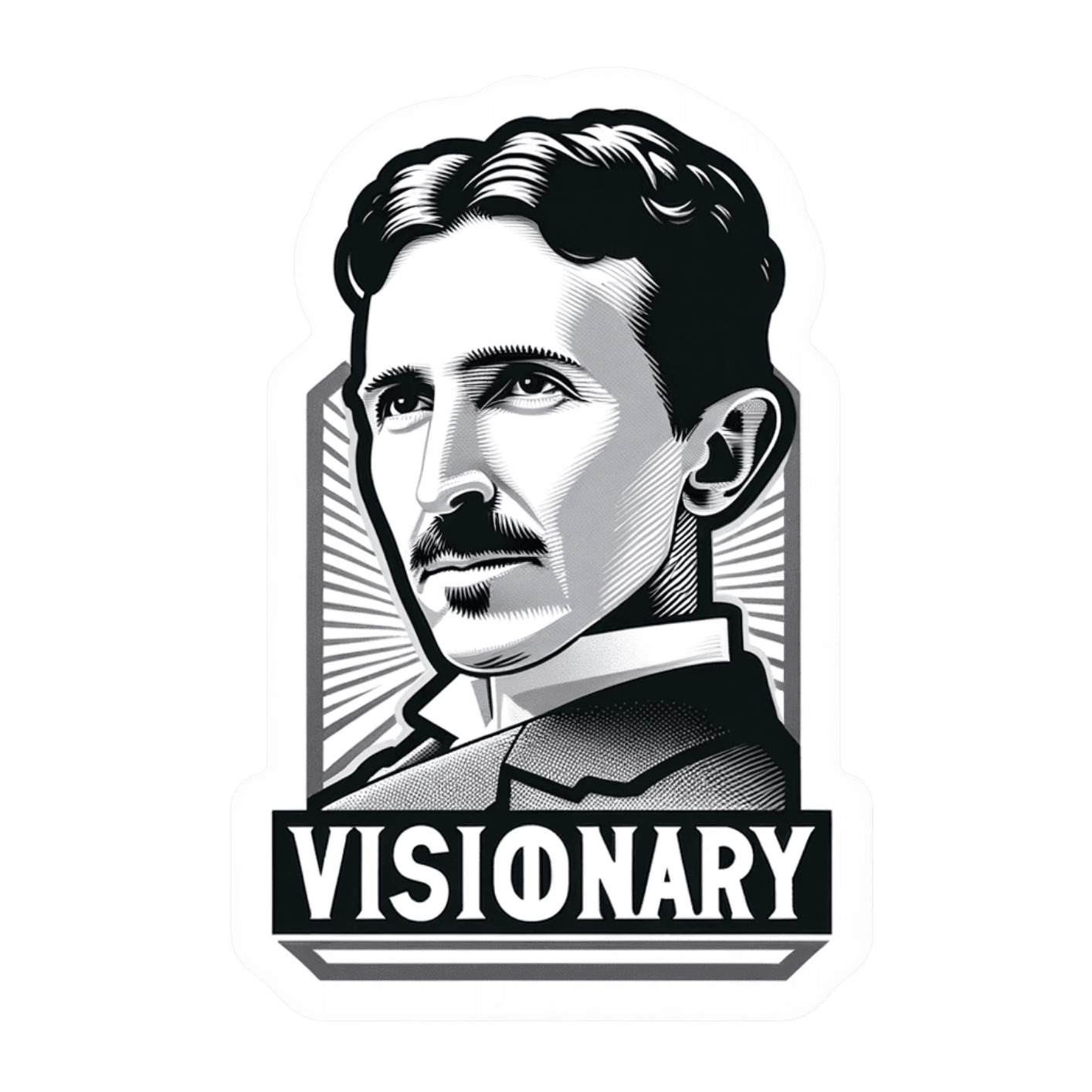 Black and white illustration of Nikola Tesla with the word 'VISIONARY' below, in a geometric style.