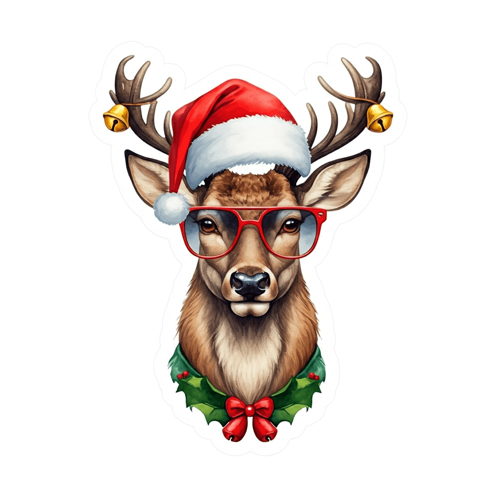 A whimsical reindeer wearing a Santa hat and red glasses, adorned with a green garland and red bow.