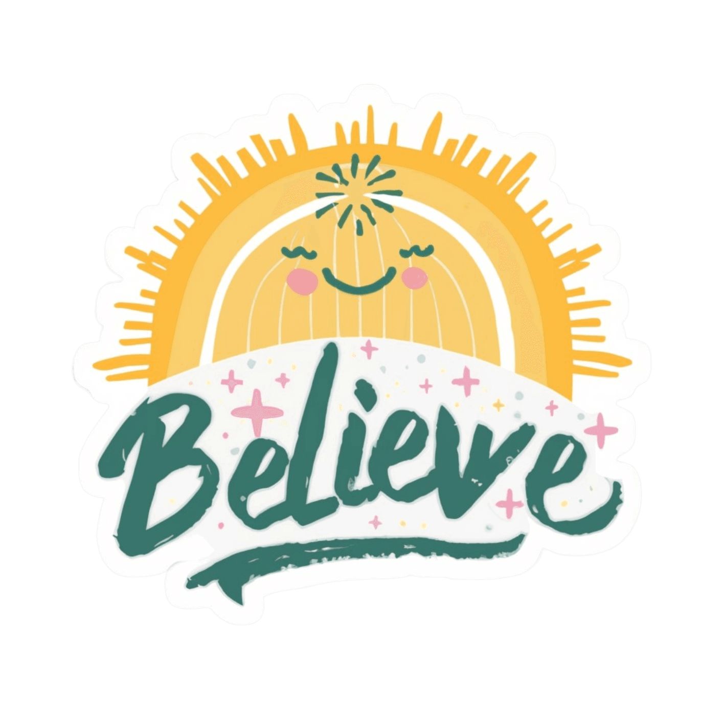 A colorful sticker featuring a smiling sun above the word 'Believe' in a whimsical font, surrounded by stars.