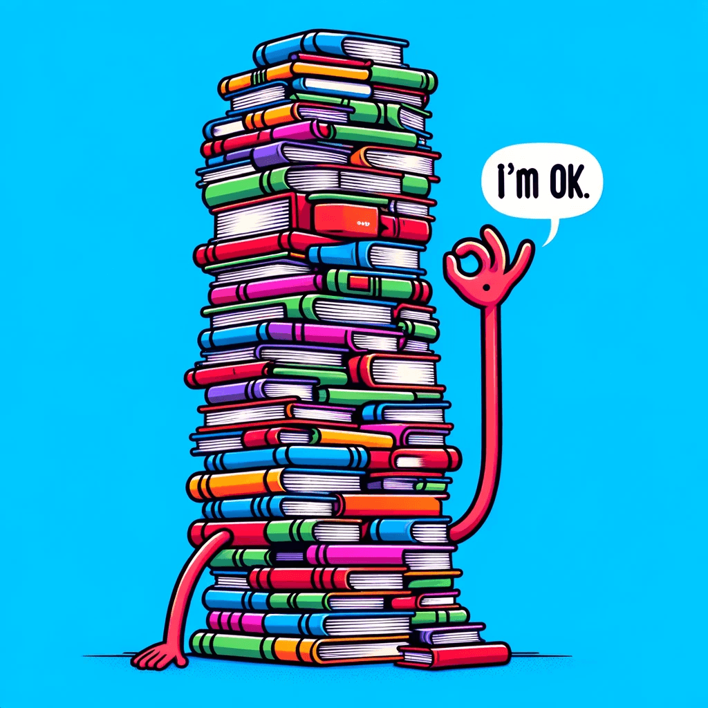 Colorful stack of books with a hand giving an 'OK' sign and the text 'I'm OK.'