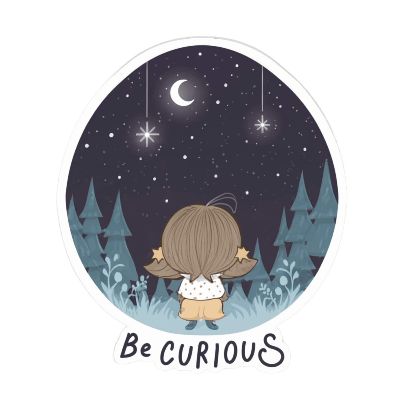 A whimsical character with pigtails gazes at a starry night sky, surrounded by trees, with the text 'Be Curious' below.