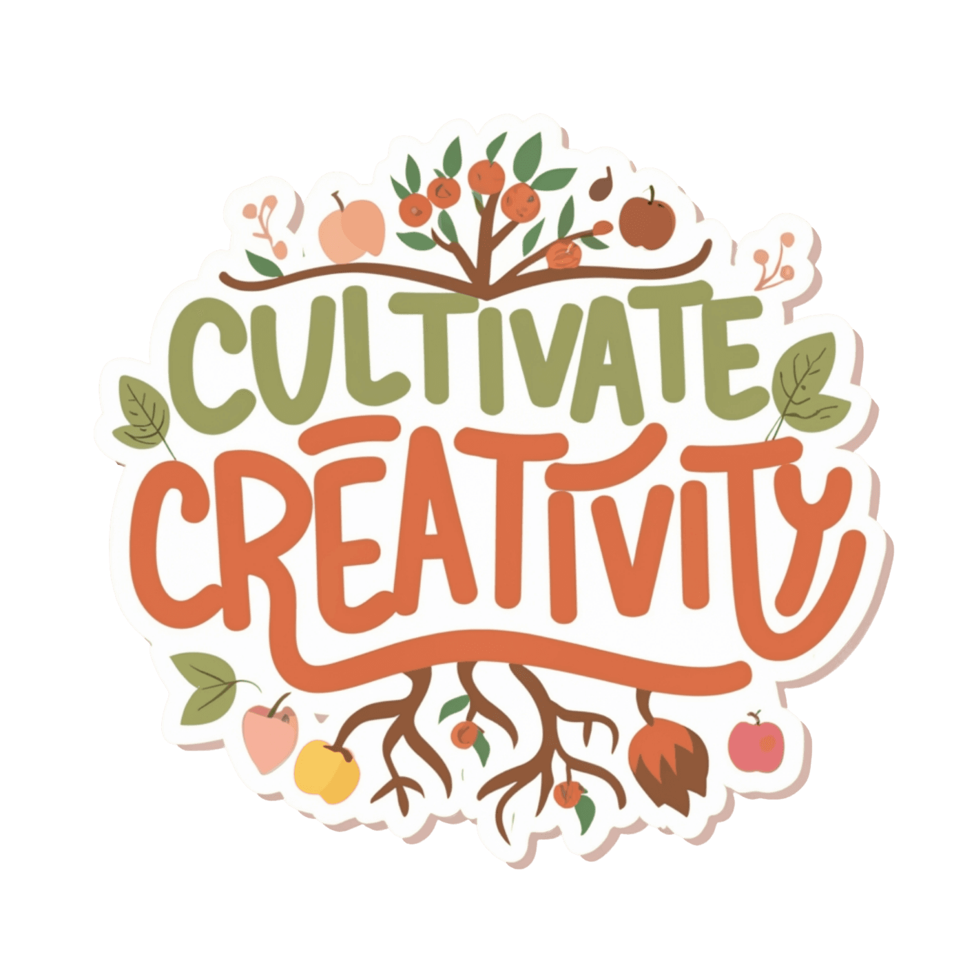 Sticker featuring the text 'Cultivate Creativity' with illustrations of fruits and a tree.